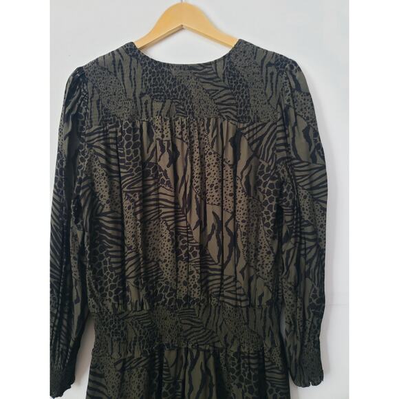 Rails Zana Animal Print Smocked Waist Mini Dress Olive Green Size Large - Picture 6 of 10
